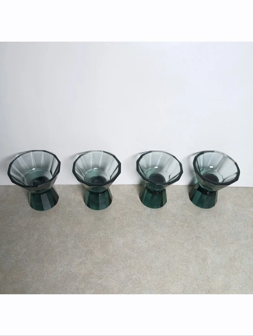 Antique Art Deco Bohemian Smokey Green Glass Geometric Decanter Bottle Cup Set